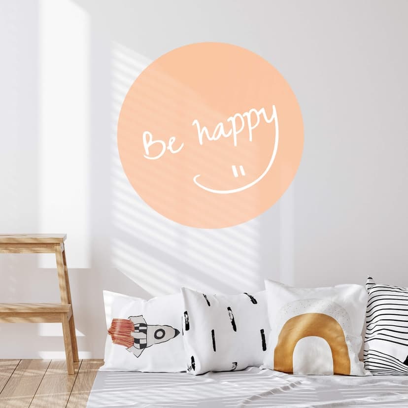 Naklejka na ścianę Be happy w kolorze brzoskwiniowym - okrągła
