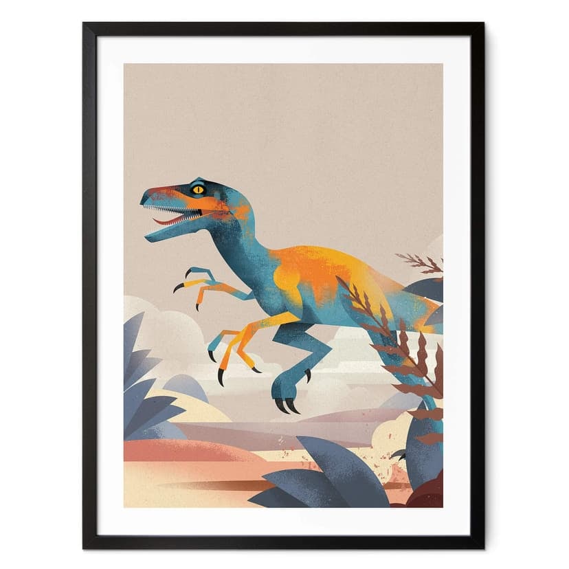 Plakat dla dzieci dinozaur - Velociraptor - brązowy