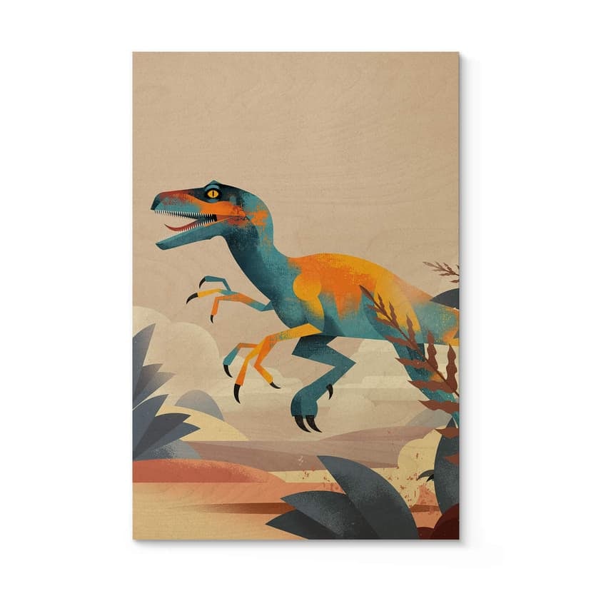 Plakat drewniany Dinozaur - Velociraptor - Brązowy