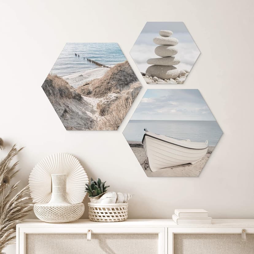 Hexagon Wandbild Küstenflair - Set (3-teilig) - Alu-Dibond