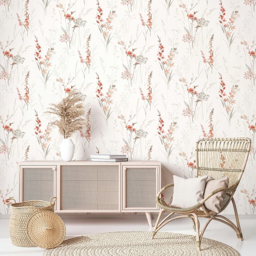 Tapeta z włókniny kwiaty, liście floral nature matowa w kolorze białym czerwonym