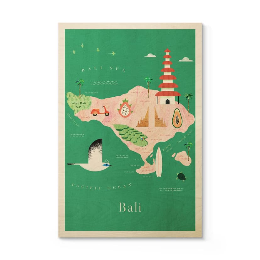 Plakat drewniany mapy Bali - Rivers