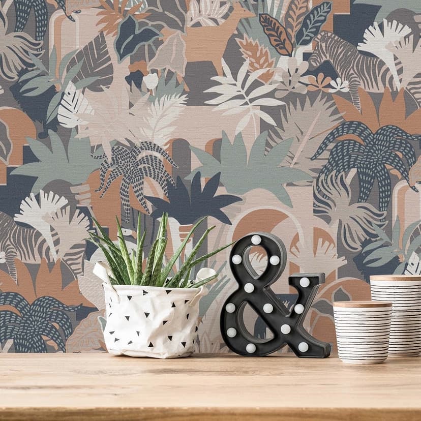 Tapeta w stylu dżungli brązowo-różowa - tapeta z włókniny w stylu vintage rośliny liście