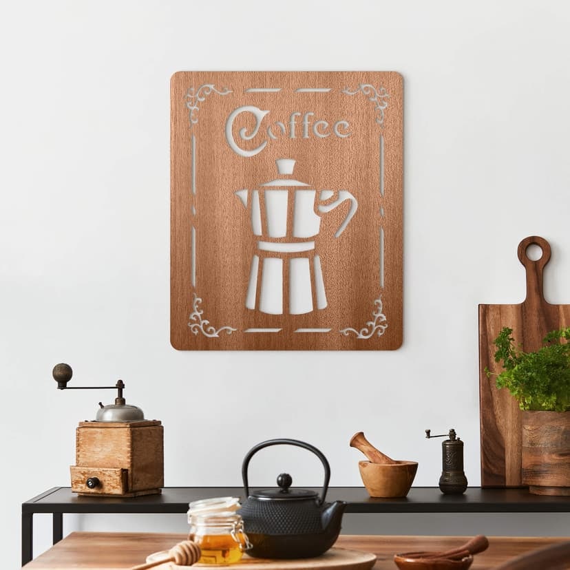 Drewniany napis Kawa - dzbanek do kawy espresso - dekoracja drewniana mahoń