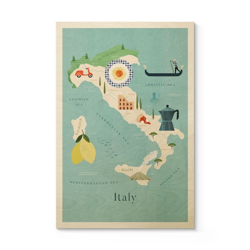 Plakat drewniany podróżny - Mapa Włoch - Rivers
