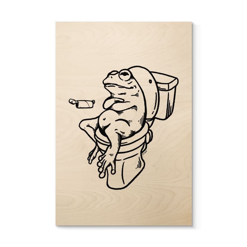 Plakat drewniany Czekając na toaletę - Humorystyczna ilustracja żaby - Royle
