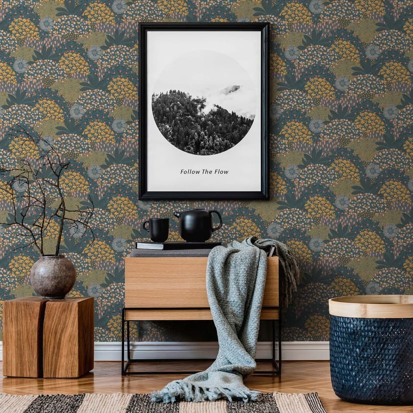 Tapeta w liście benzyny - tapeta w kwiaty w stylu vintage żółto-niebieska - tapeta w kwiaty z włókniny