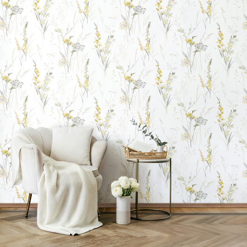 Tapeta z włókniny kwiaty, liście floral nature matowa w kolorze białym żółtym