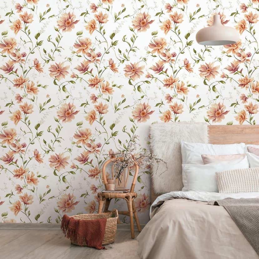 Tapeta z włókniny kwiaty, liście floral nature matowa w kolorze biało pomarańczowym