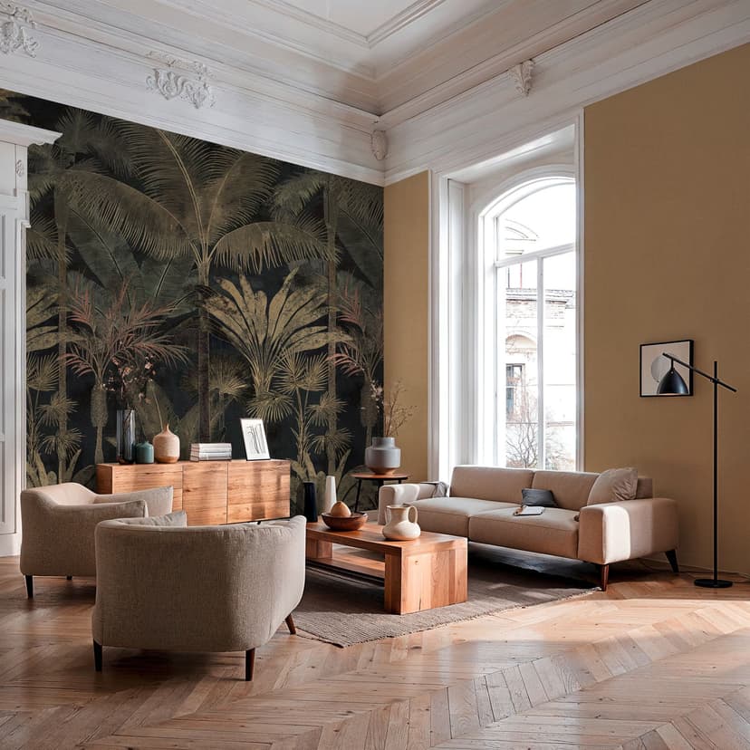 Fototapeta palmy dżungla rozciągliwa czarna zielona 159x280 cm tapeta z włókniny