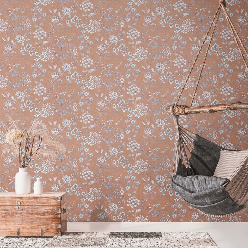 Tapeta vintage wiejski dom rośliny włóknina tapeta pomarańczowy szary - wzór tapety kwiaty, liście