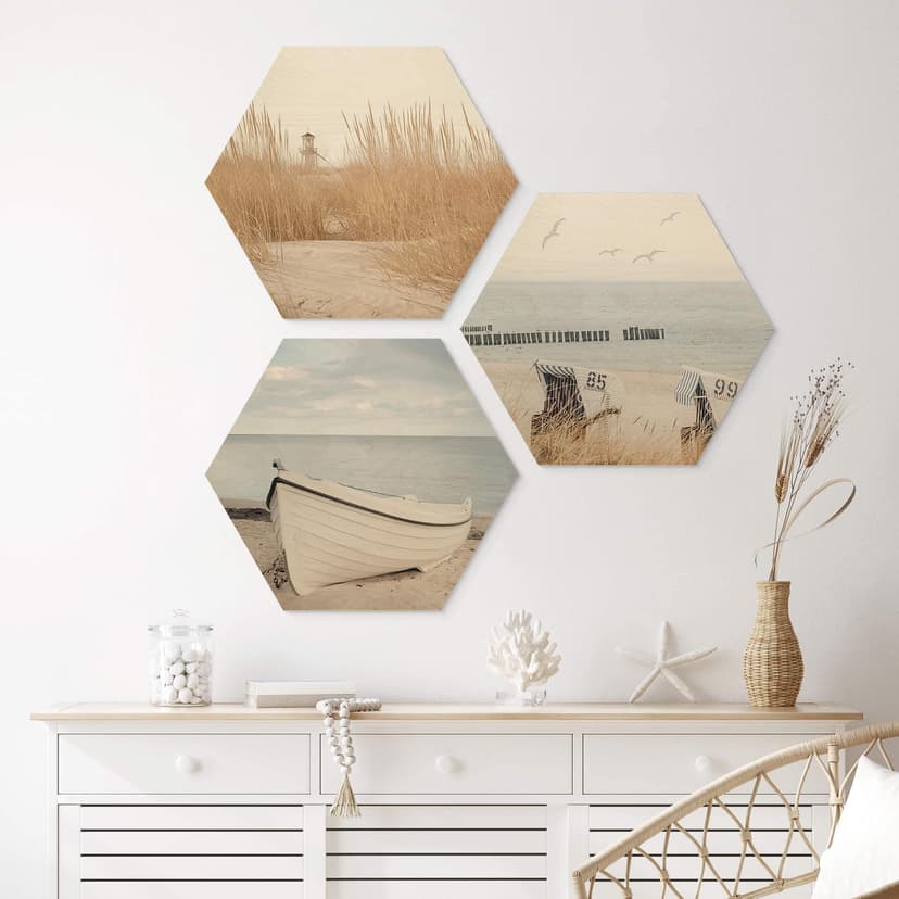 Hexagon Holzbild Salzige Meeresluft Set (3-teilig)