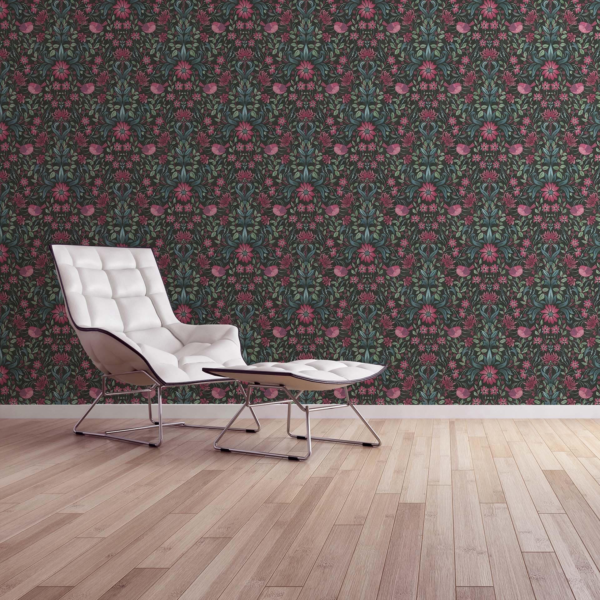 Floral black pink - tapeta flizelinowa country house A.S. Création - matowa, jasna faktura