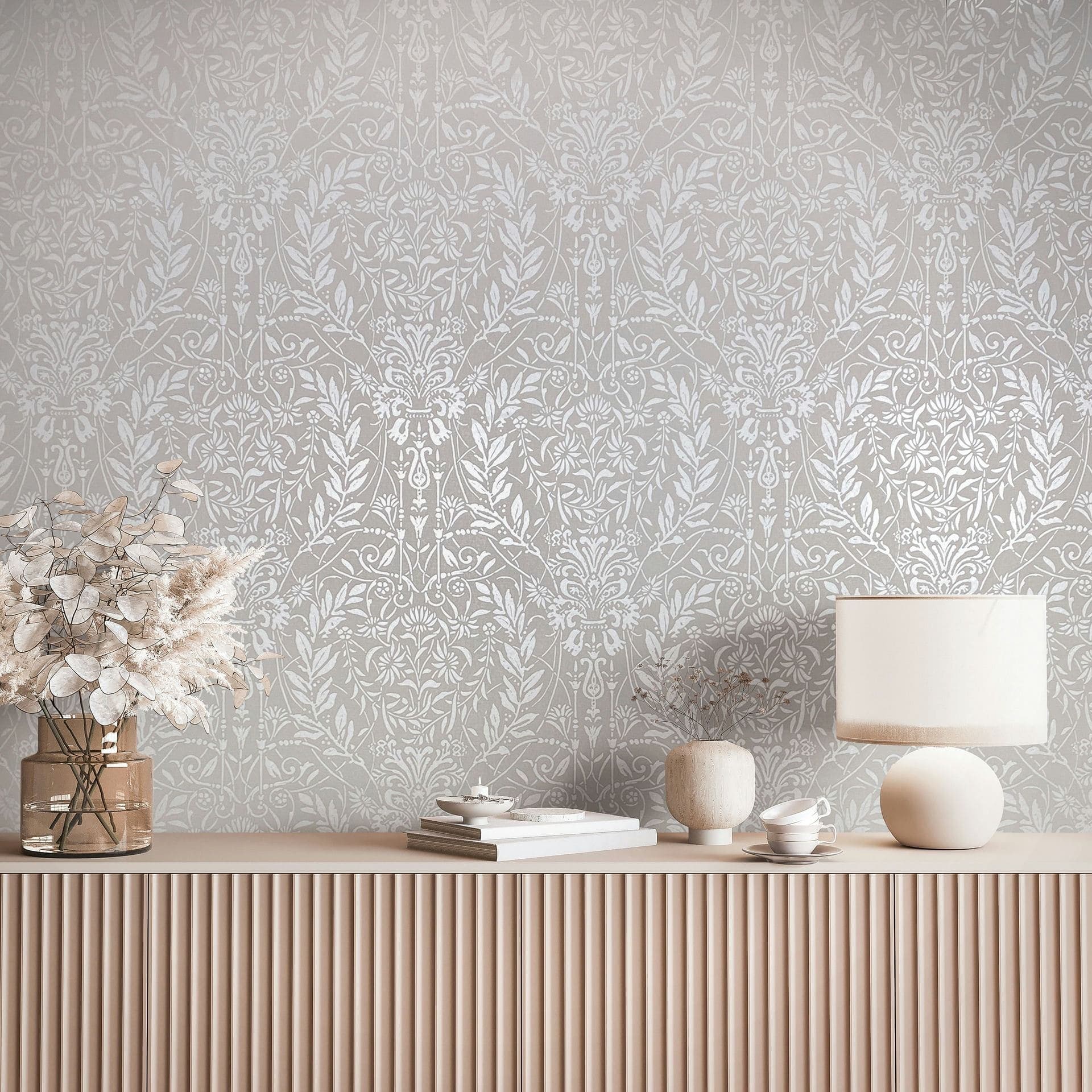Tapeta z włókniny Ornament Floral Nature w kolorze szaro-beżowym