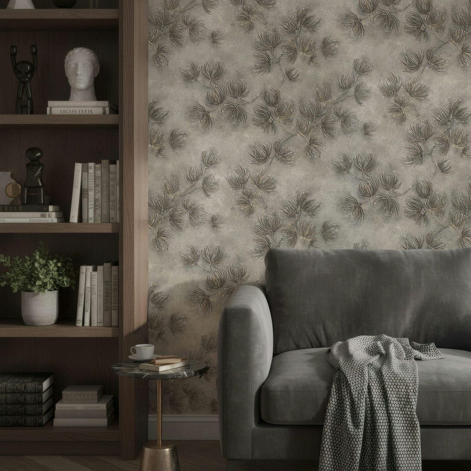 Tapeta z włókniny kwiaty, beton floral nature matowa w kolorze szarym 