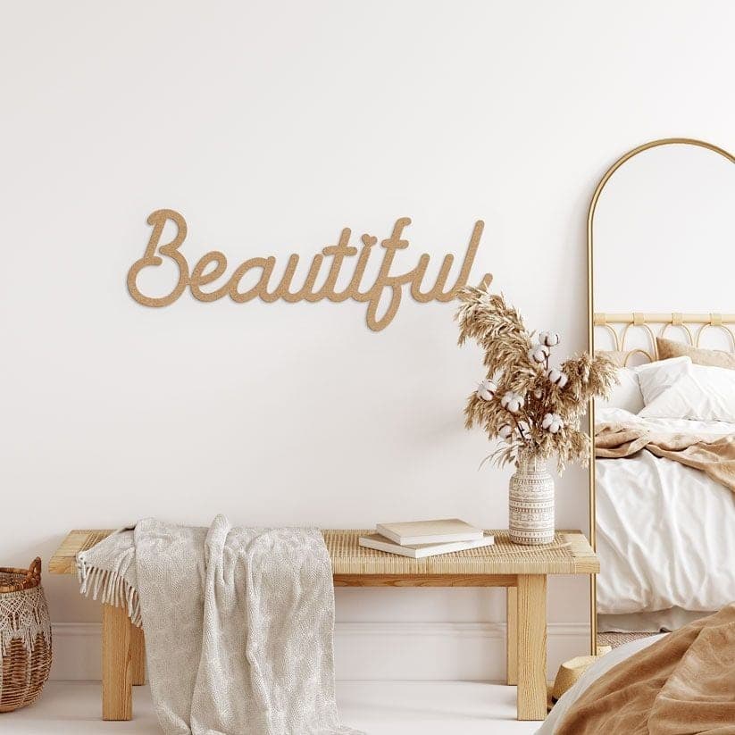 napis 3D Beautiful - dekoracja ścienna wykonana z naturalnej płyty MDF
