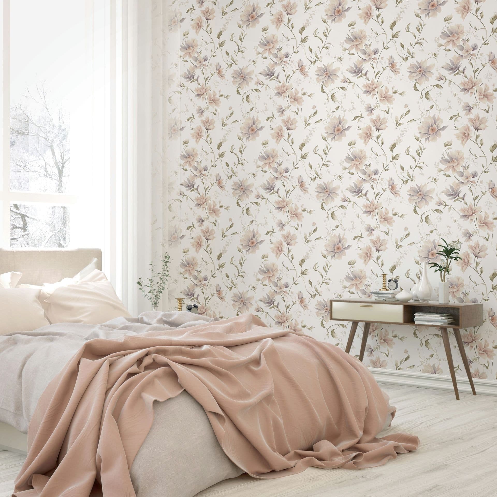 Tapeta z włókniny kwiaty, liście floral nature matowa w kolorze białym zielonym
