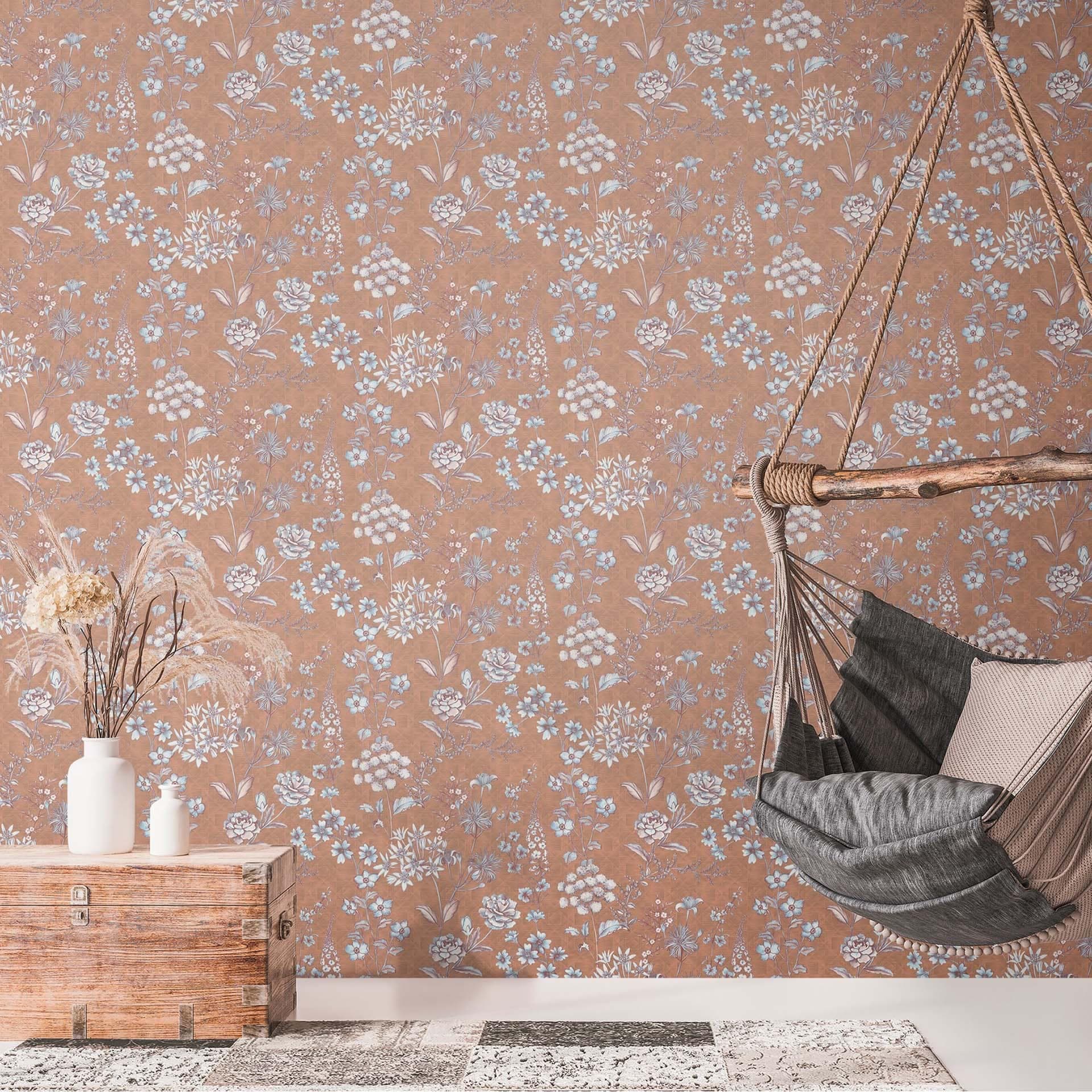 Tapeta vintage wiejski dom rośliny włóknina tapeta pomarańczowy szary - wzór tapety kwiaty, liście