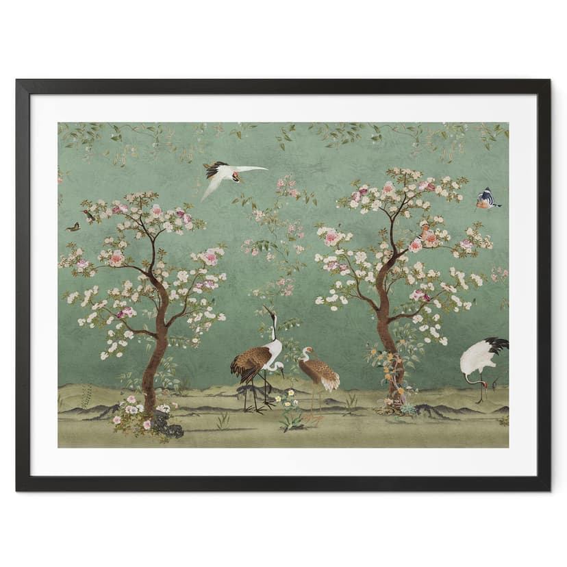Plakat żurawie w kwiatowym krajobrazie - Bloomery Decor