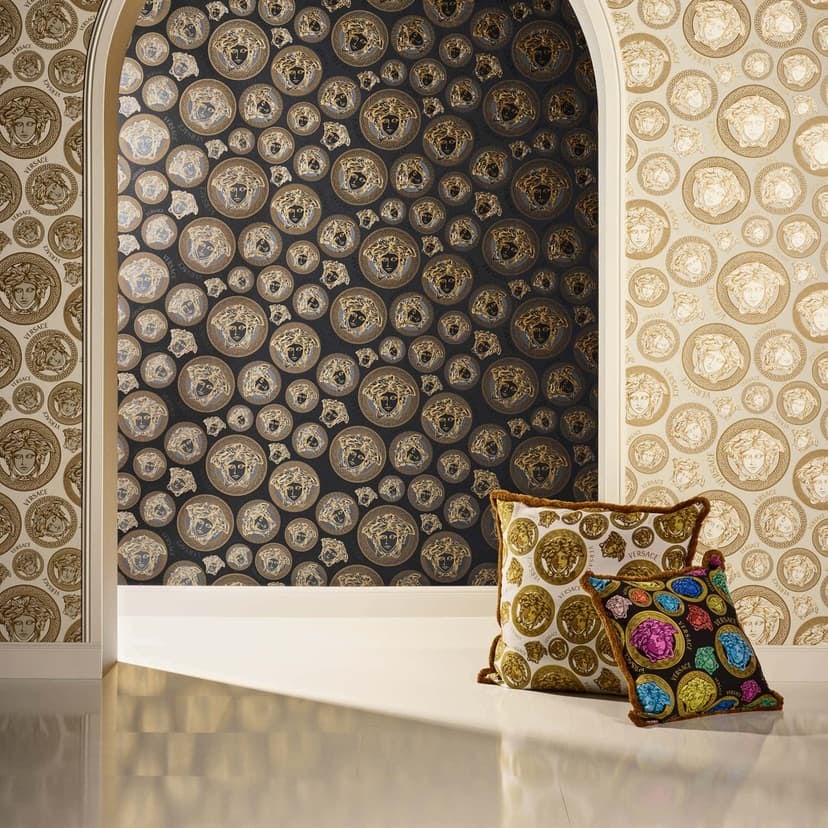Versace Home tapeta z włókniny złota czarna meduza designerska tapeta ciemne głowy meduzy