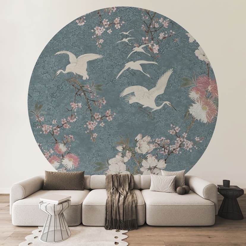 Żurawie w Fototapecie Kwitnącej Wiśni - Dekoracje Bloomery - Okrągłe - Samoprzylepne / nietkane