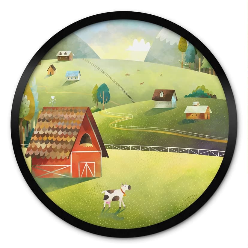 Plakat Kolorowa farma w górach - DigitalArtsi - Okrągły