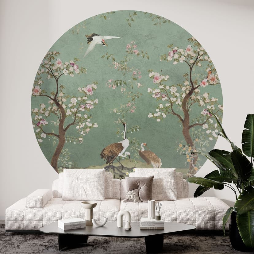 Fototapeta na ścianę Żurawie w kwiatowym krajobrazie - Bloomery Decor - Okrągła - Samoprzylepna / ni