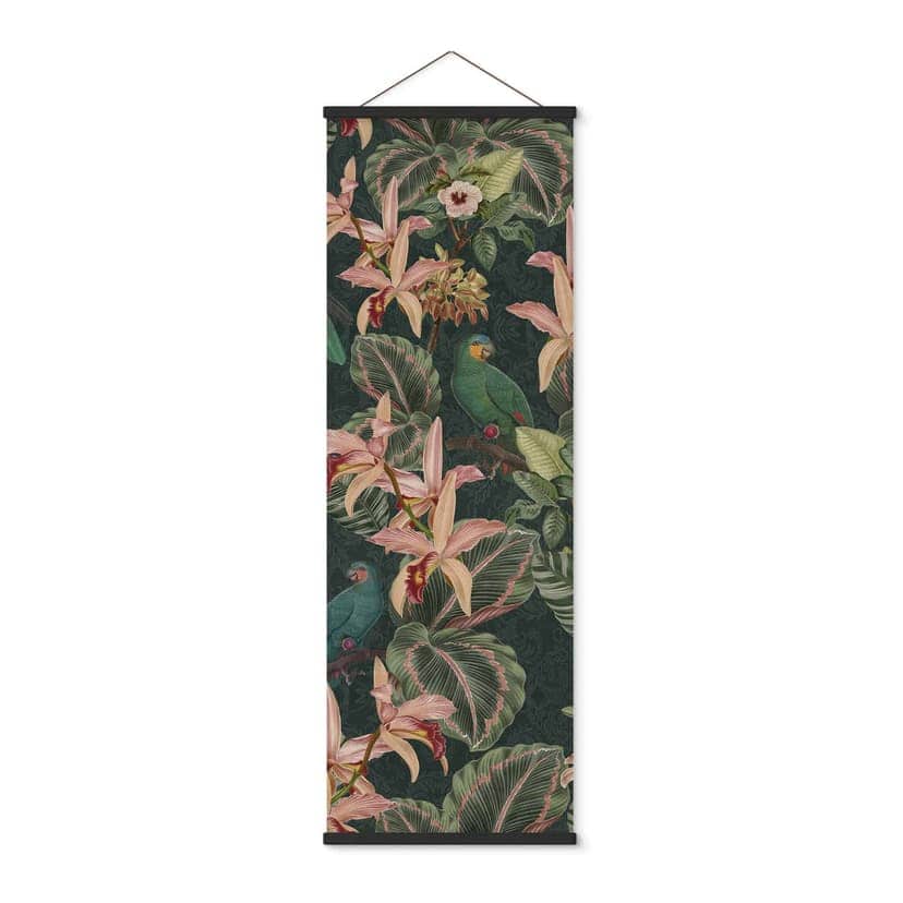 Obraz z tkaniny dżungla z papugami nocą zielony - Bloomery Decor - Panorama