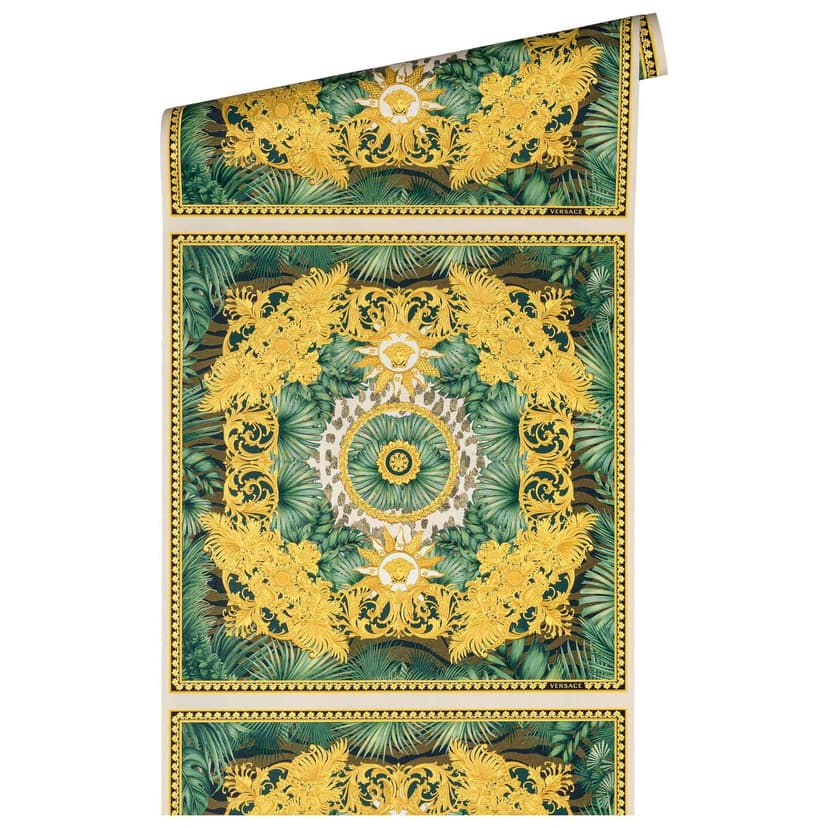 Tapeta Versace Home liście palmy zielone złoto dżungla luksusowa tapeta z włókniny designerska tapeta