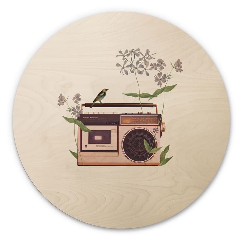 Obraz drewniany Retro Radio floral - Frida Floral Studio - okrągły