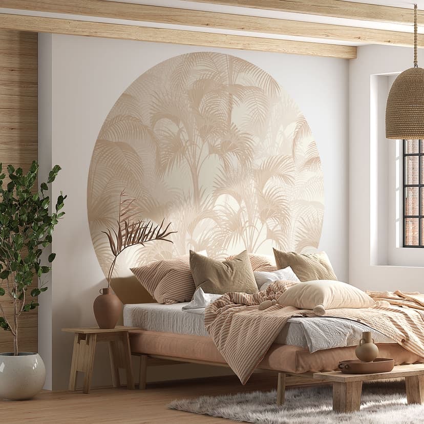 Fototapeta palmy w dżungli beżowa - Bloomery Decor - okrągła - samoprzylepna/niefoliowana