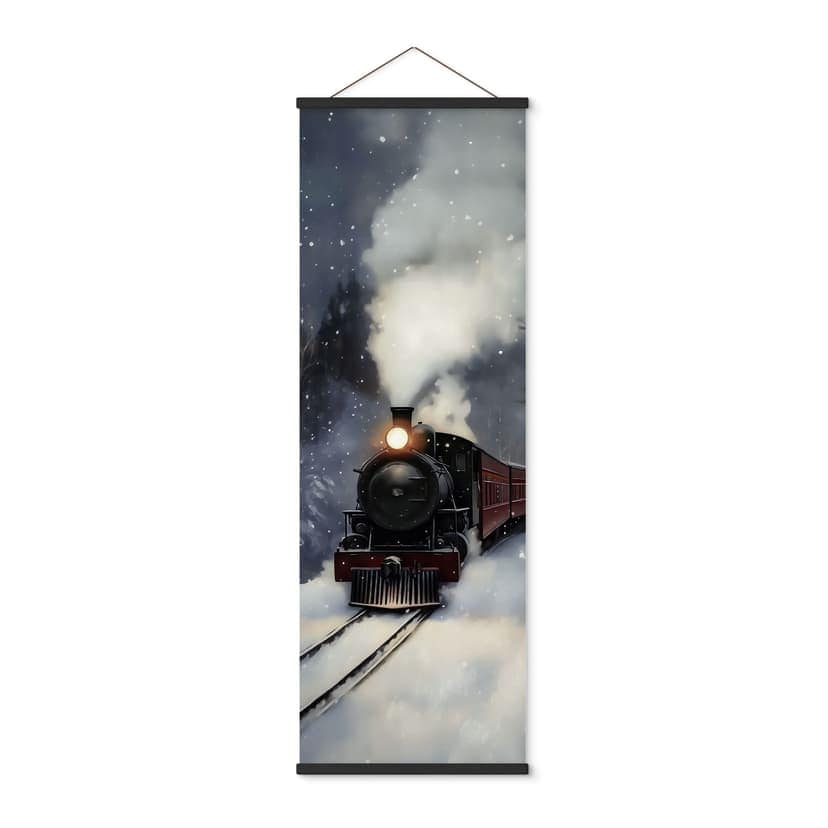 Obraz z tkaniny Zima - Lokomotywa parowa w zaśnieżonym lesie - Melloi Art Prints - Panorama