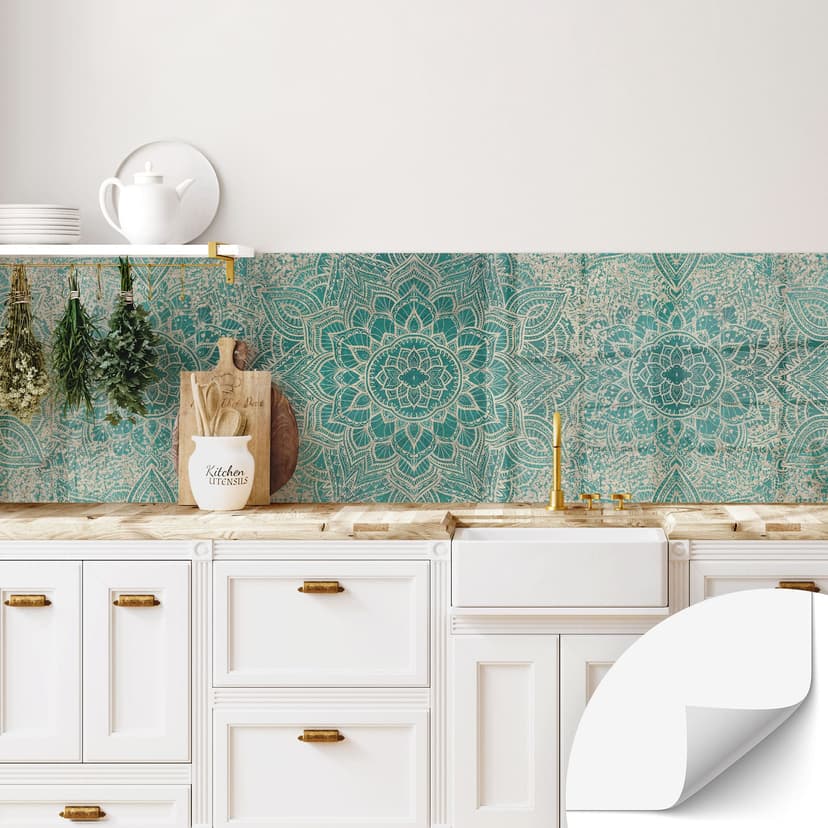 Samoprzylepny panel ścienny do kuchni Mandala Boho złoto-zielony - Bloomery Decor