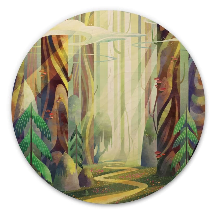 Obraz drewniany Zaczarowany las w świetle - DigitalArtsi - Okrągły