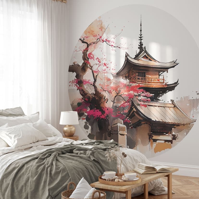 Fototapeta japońska pagoda z kwiatami wiśni - Jaszke - Round - tapeta flizelinowa/tapeta flizelinowa