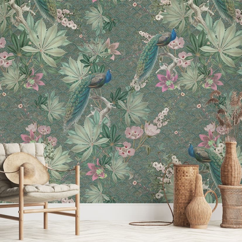 Fototapeta z pawiem w tropikalnym ogrodzie - Bloomery Decor