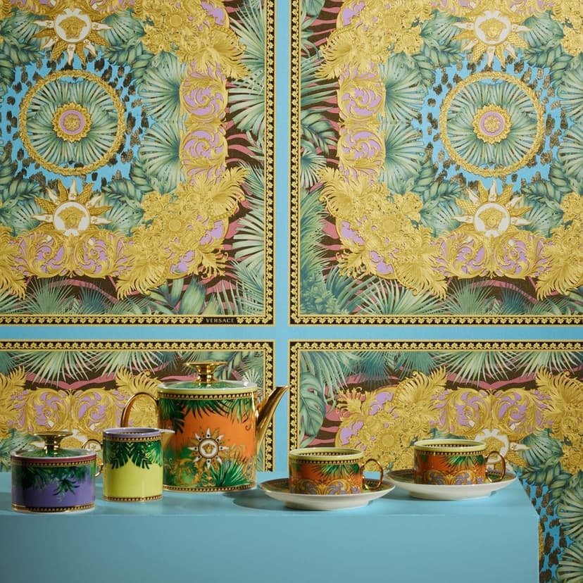 Versace Home tapeta dżungla zielone złoto luksusowa designerska tapeta z włókniny liście palmy