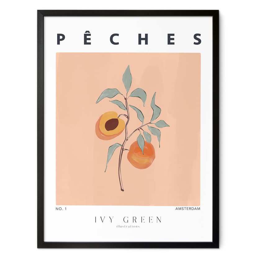 Plakat Soczyste Brzoskwinie - Ilustracja w kolorze zielonego bluszczu