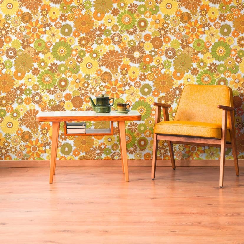 Tapeta z włókniny w kwiaty żółto-zielona - tapeta w kwiaty w stylu retro - tapeta z wzorem vintage