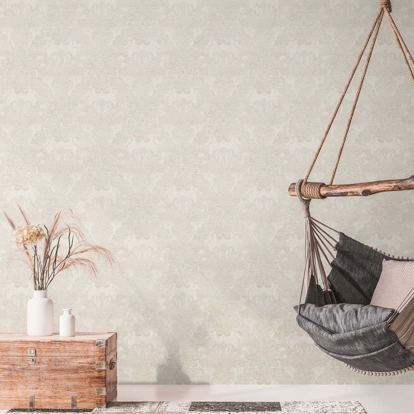 Barokowa tapeta z włókniny w stylu vintage biała, kremowo-szara - wzór tapety z ornamentami