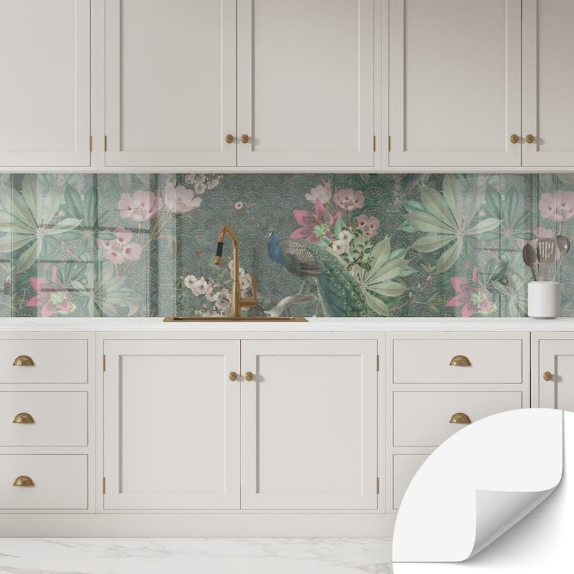 Samoprzylepny panel ścienny do kuchni paw w tropikalnym ogrodzie na mozaice - Bloomery Decor