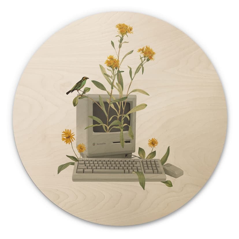 Obraz drewniany Vintage Botanic Computer - Frida Floral Studio - Okrągły