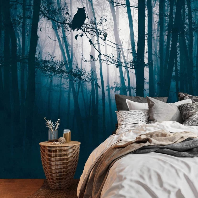 Forest night blue black - Fototapeta flizelinowa z motywem sowy do salonu i sypialni