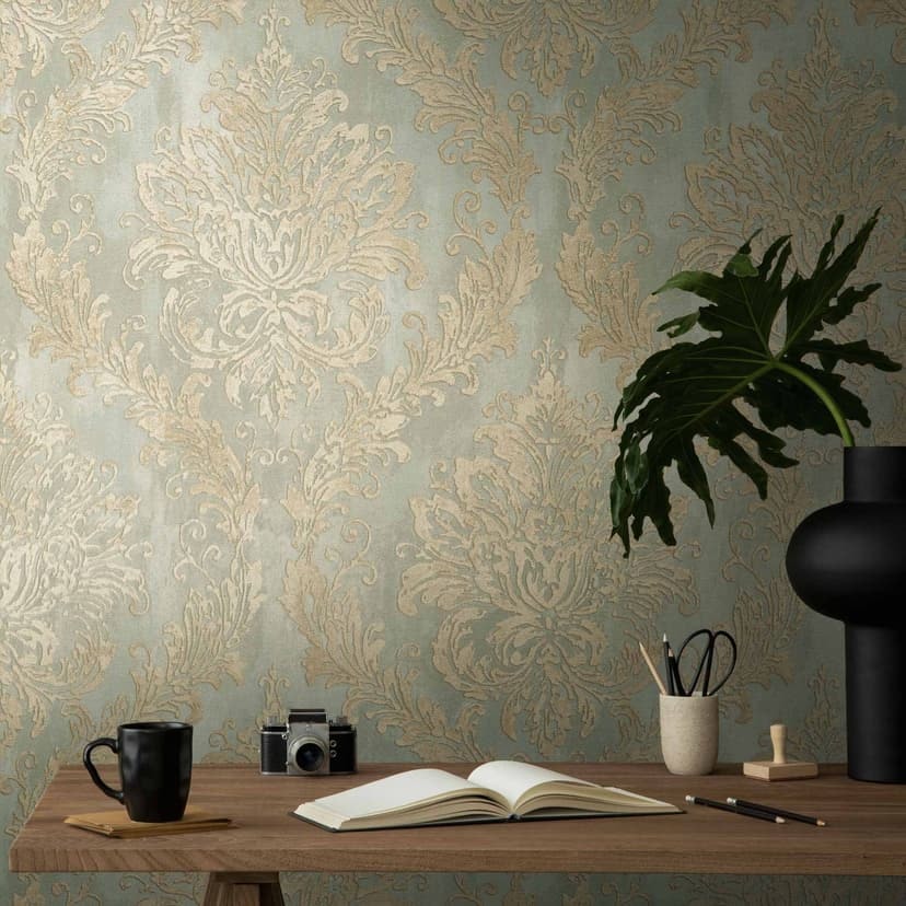 Barokowa tapeta zielone złoto - Tapeta z włókniny z wzorem ornamentowym - elegancka tapeta z wzorem