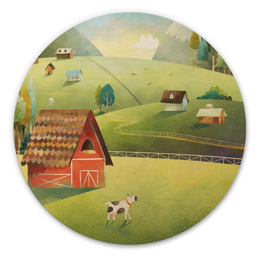 Obraz drewniany Kolorowa farma w górach - DigitalArtsi - Round