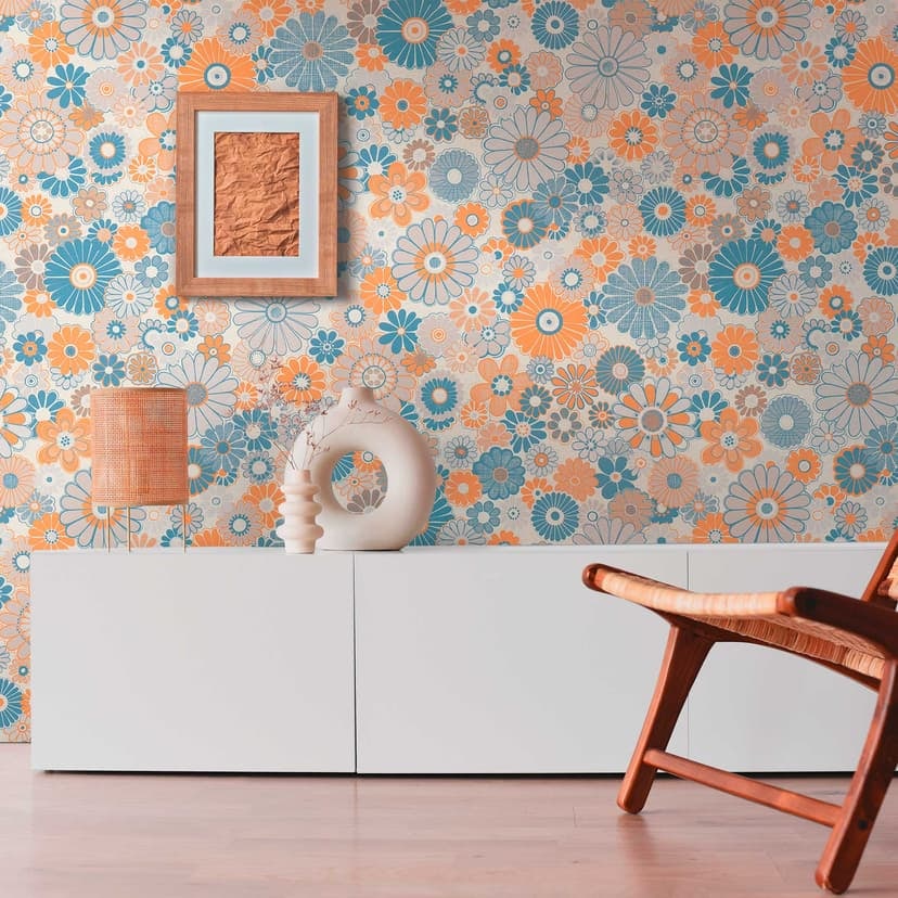 Tapeta w kwiaty w stylu vintage niebiesko-pomarańczowa - tapeta w kwiaty w stylu retro - tapeta z włókniny
