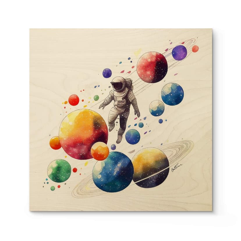 Plakat drewniany Heine - Astronauta z planetami - Astro Cruise