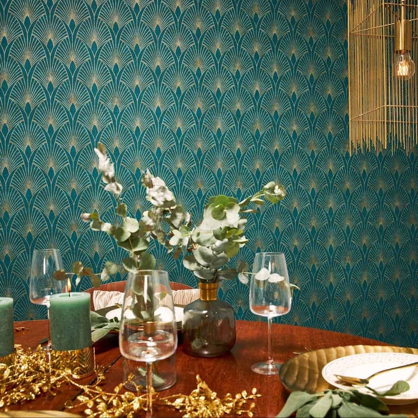 Livingwalls tapeta włókninowa New Walls 50's Glam Art Deco tapeta niebieska, zielona, metaliczna