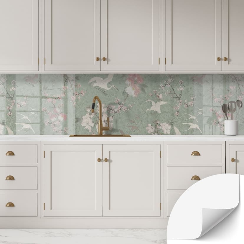Samoprzylepny panel ścienny do kuchni Żurawie w kolorze zielonego kwiatu wiśni - Bloomery Decor