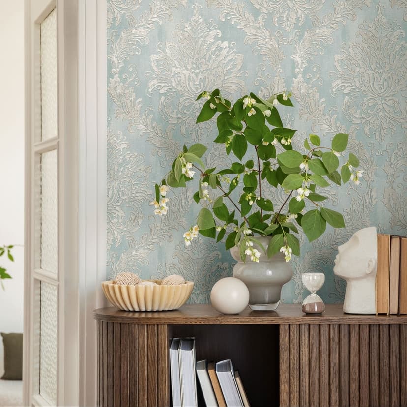 Tapeta barokowa jasnoniebieska srebrna - Tapeta z włókniny z wzorem ornamentowym - elegancka tapeta z wzorem